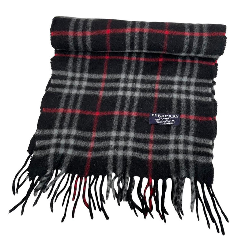 Vintage 90s Burberry Dark Navy Blue Nova Check Lambswool Scarf