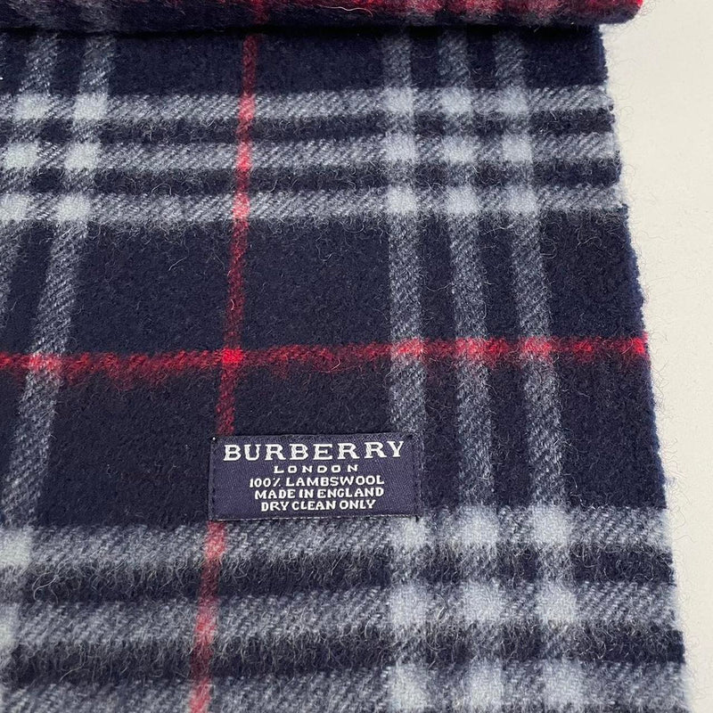 Vintage 90s Burberry Navy Blue Nova Check Lambswool Scarf