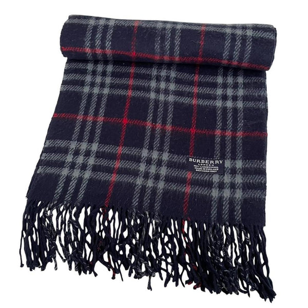 Vintage 90s Burberry Navy Blue Nova Check Lambswool Scarf