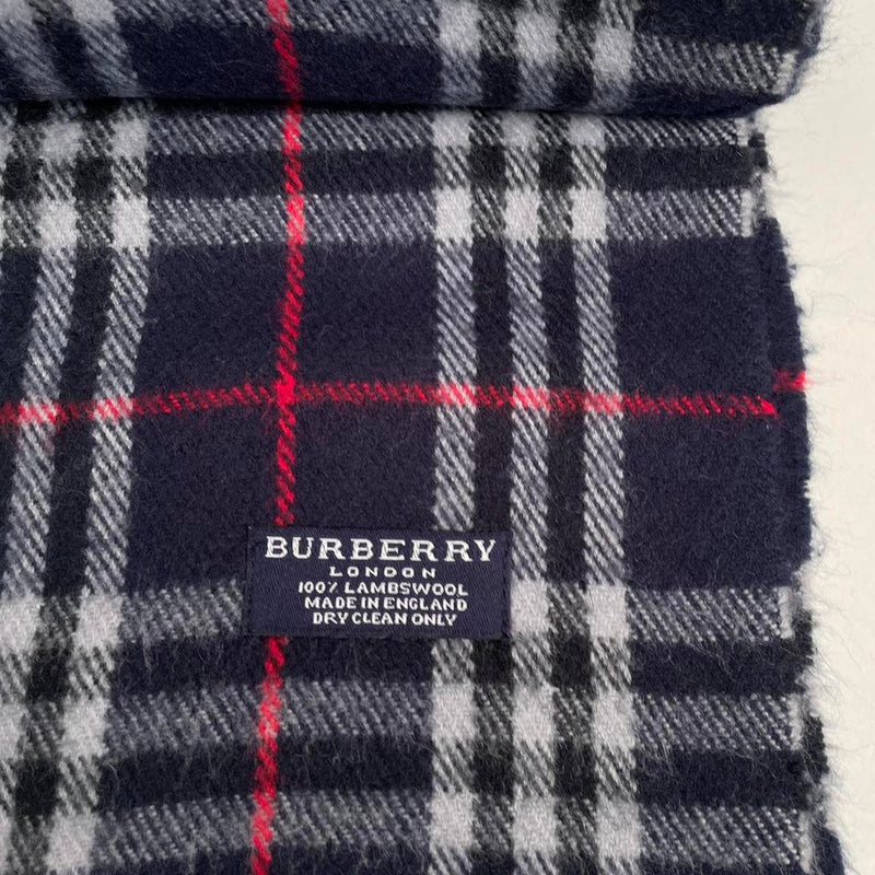 Vintage 90s Burberry Navy Blue Nova Check Lambswool Scarf