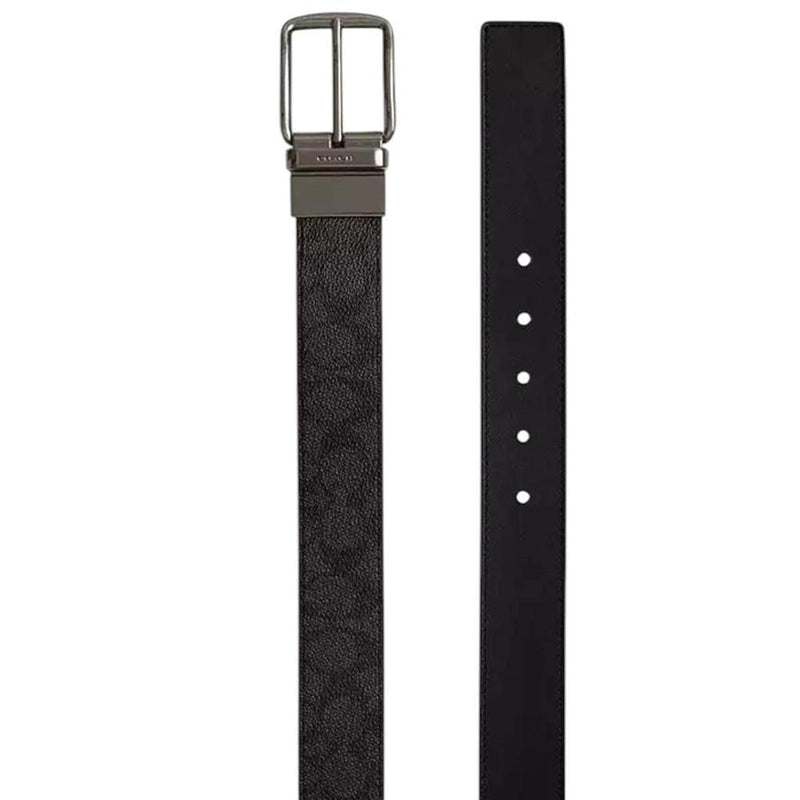 Coach Black and Grey Signature Harness Buckle Reversible Leather Belt