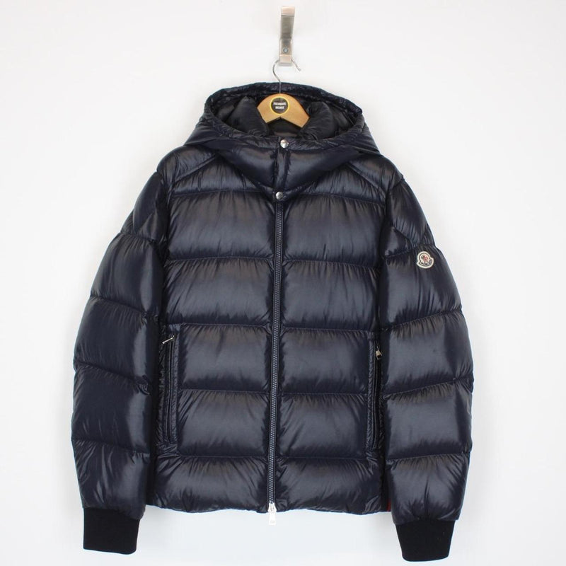 Moncler Lunetiere Navy Blue and Red Full Zip Hooded Down Jacket