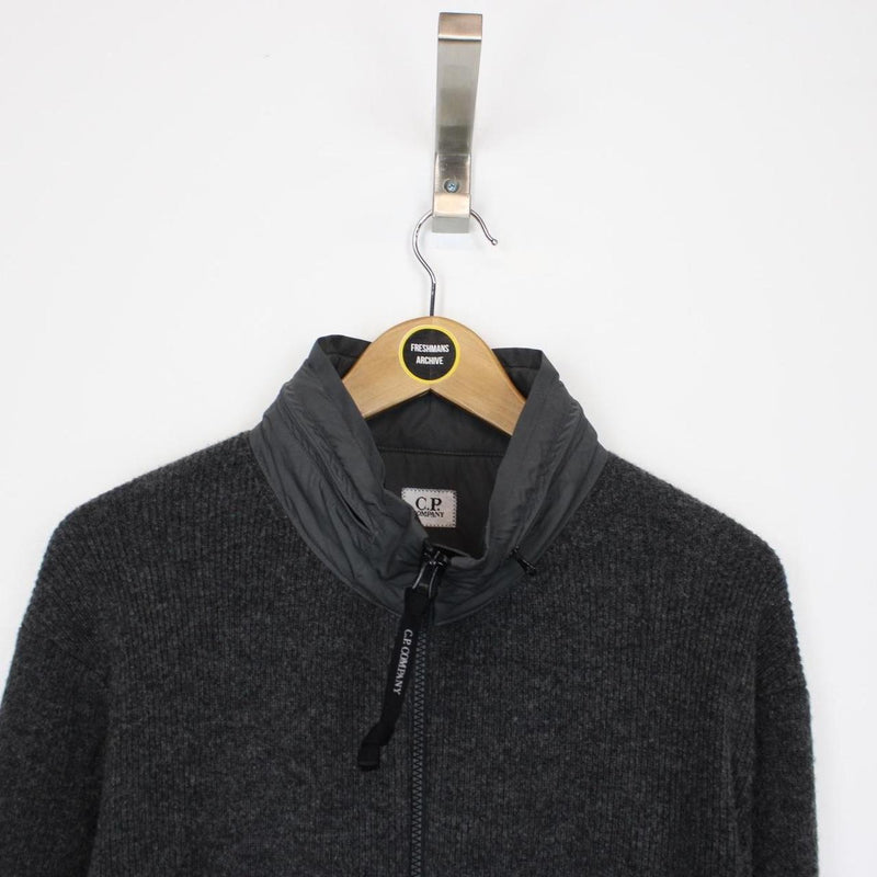 CP Company Grey Wool Knit Full Zip Lens Jumper