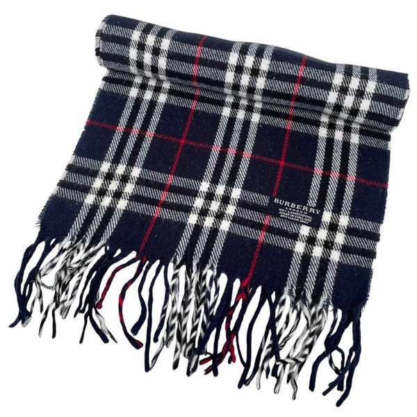 Vintage 90s Burberry Navy Blue Nova Check Lambswool Scarf