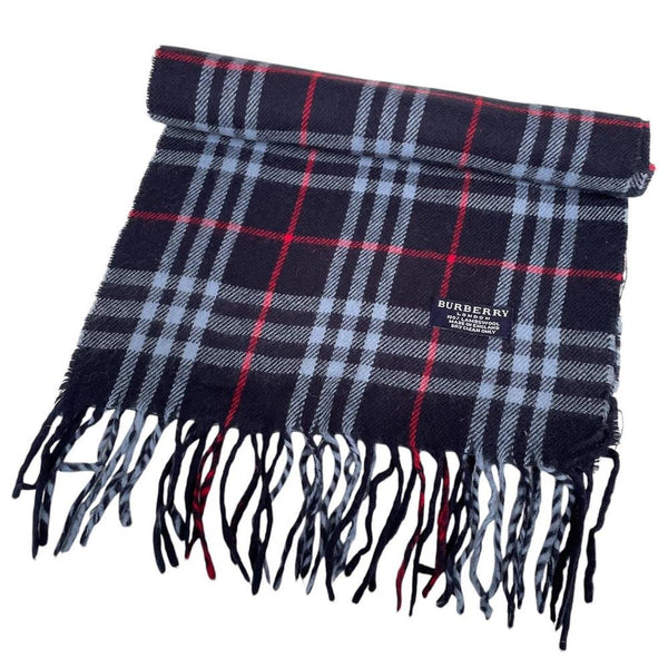 Vintage 90s Burberry Navy Blue Nova Check Lambswool Scarf