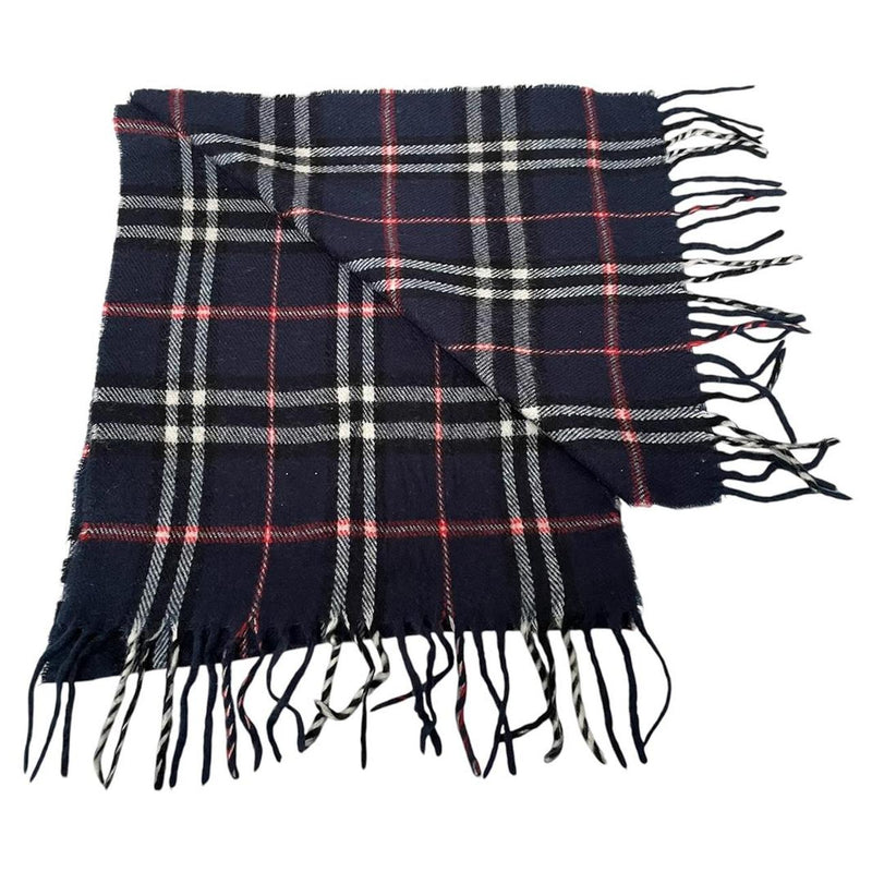 Vintage 90s Burberry Navy Blue Nova Check Lambswool Scarf