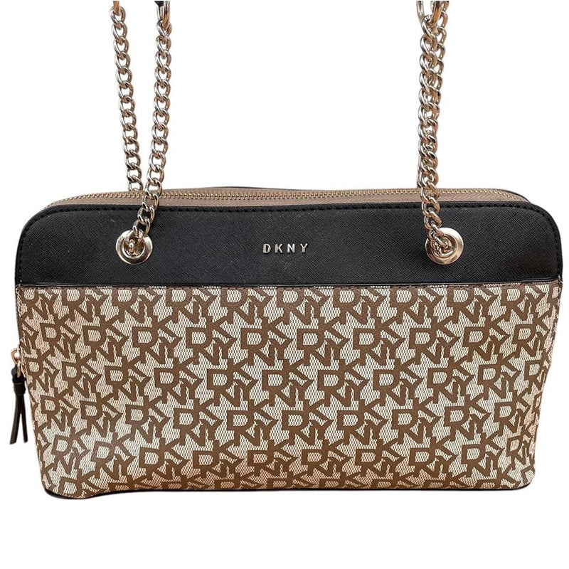 DKNY Bryant Monogram Beige and Brown Top Zip Satchel Bag