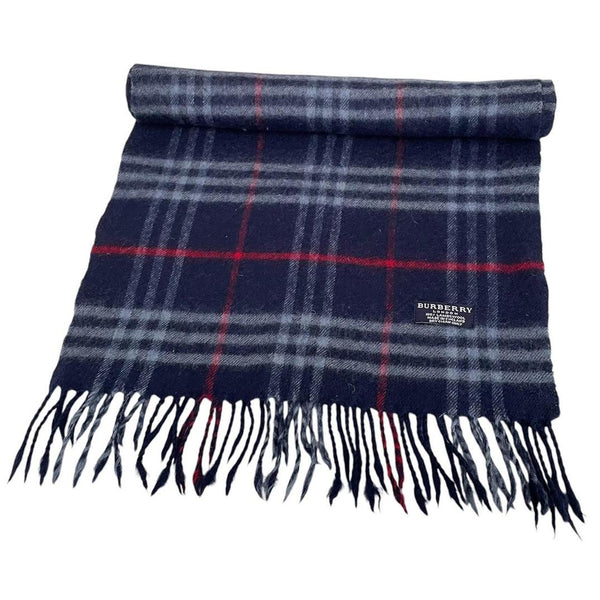 Vintage 90s Burberry Navy Blue Nova Check Lambswool Scarf