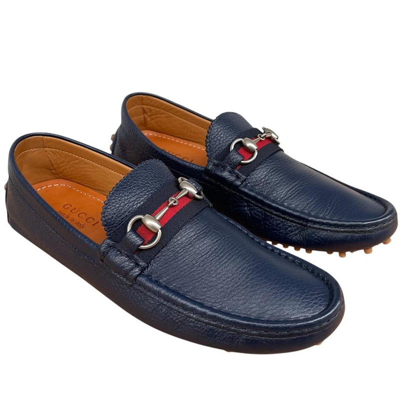 Gucci Navy Blue Interlocking G Leather Driving Shoe Loafers