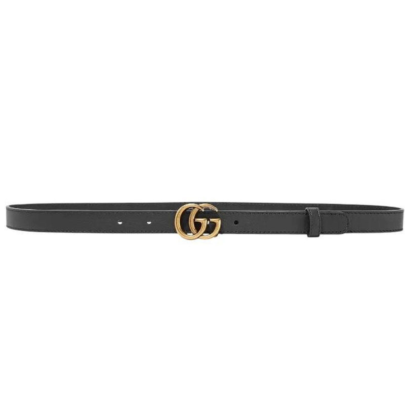 Gucci Black and Antique Brass Marmont Thin Leather Belt with GG Buckle