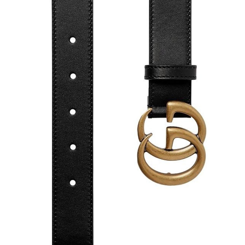 Gucci Black and Antique Brass Marmont Thin Leather Belt with GG Buckle