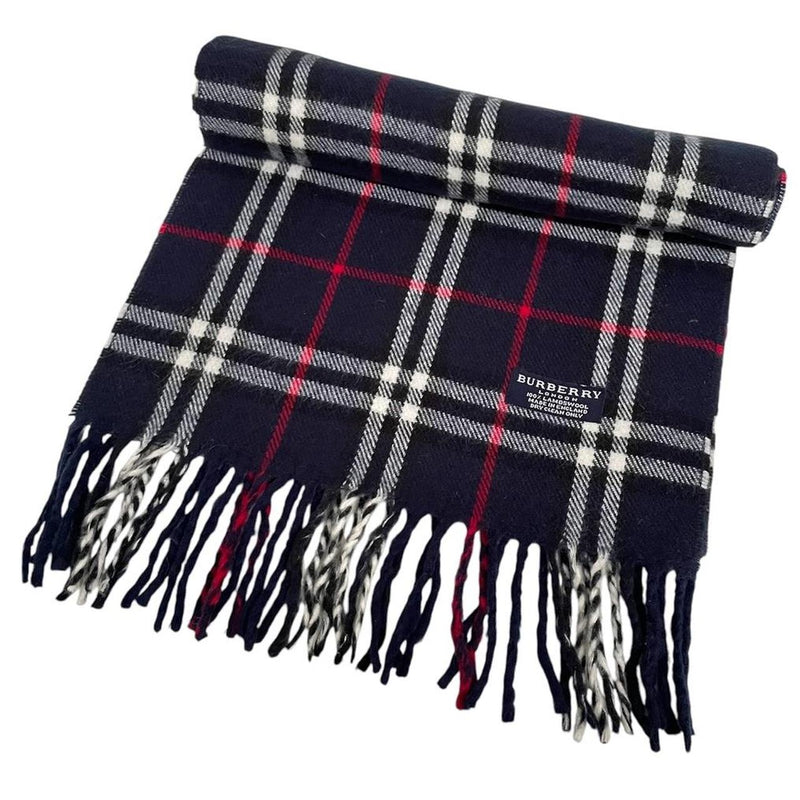 Vintage 90s Burberry Navy Blue Nova Check Lambswool Scarf