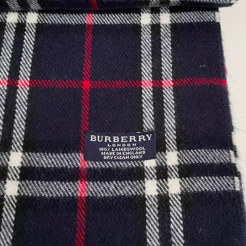 Vintage 90s Burberry Navy Blue Nova Check Lambswool Scarf