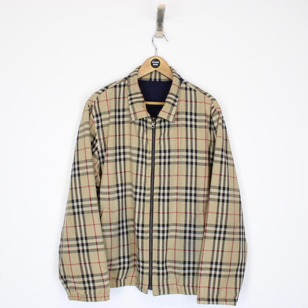 Burberry Tan Brown and Navy Blue Reversible Nova Check Harrington Jacket