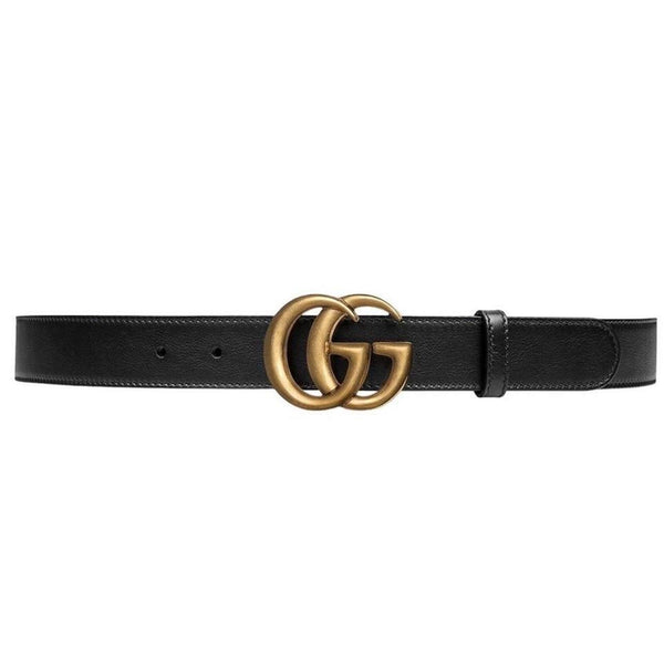 Gucci Black and Antique Brass Marmont Thin Leather Belt with GG Buckle