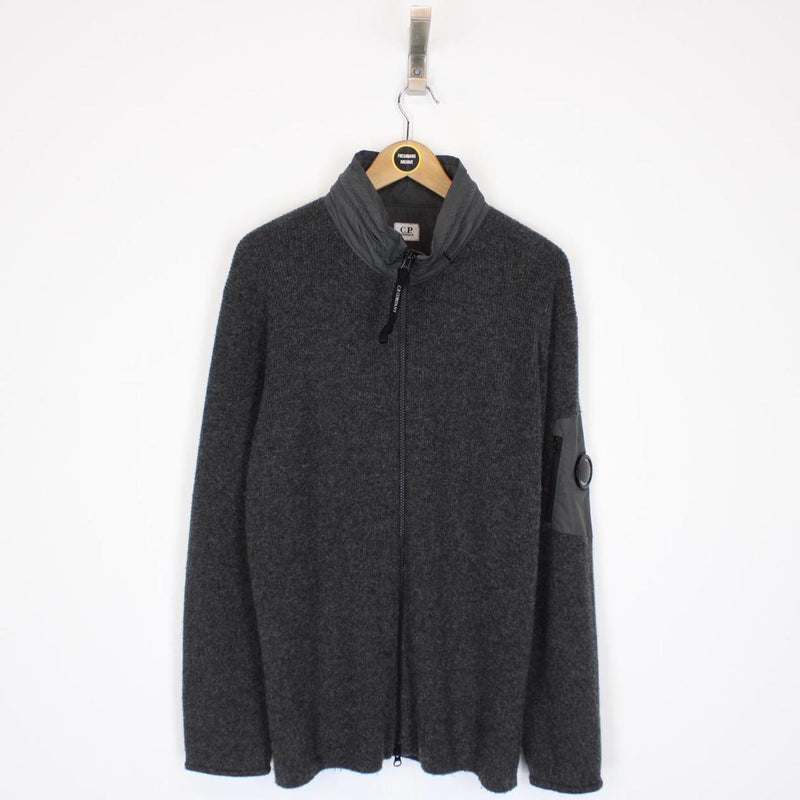 CP Company Grey Wool Knit Full Zip Lens Jumper