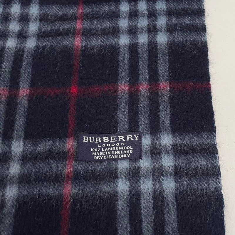 Vintage 90s Burberry Navy Blue Nova Check Lambswool Scarf