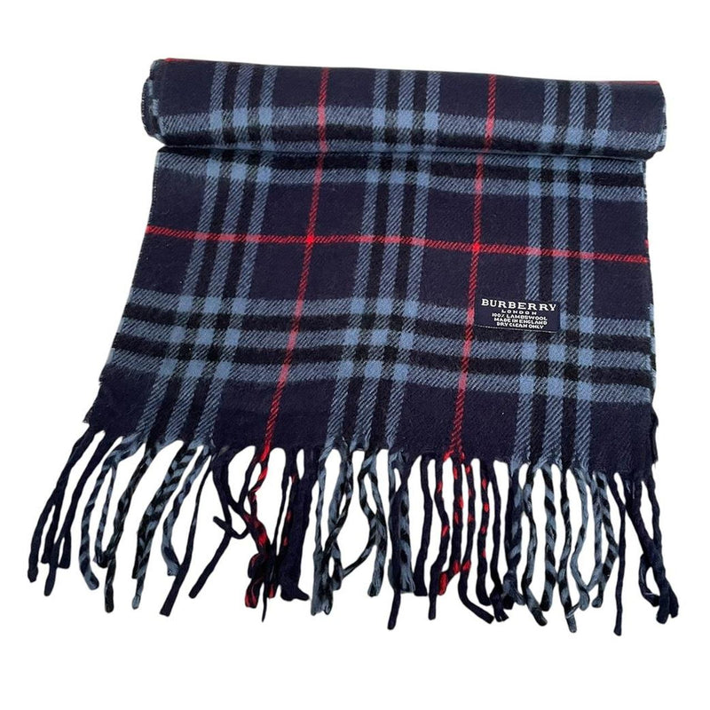 Vintage 90s Burberry Navy Blue Nova Check Lambswool Scarf