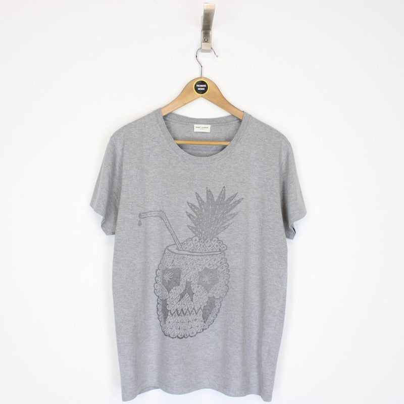 Saint Laurent Grey Pineapple Skull Print Short Sleeve T-Shirt