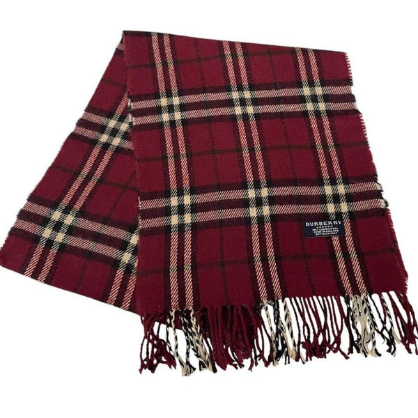 Vintage 90s Burberry Burgundy Nova Check Lambswool Scarf