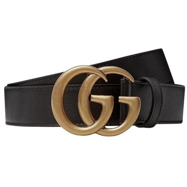 Gucci Black and Antique Brass Marmont Thin Leather Belt with GG Buckle