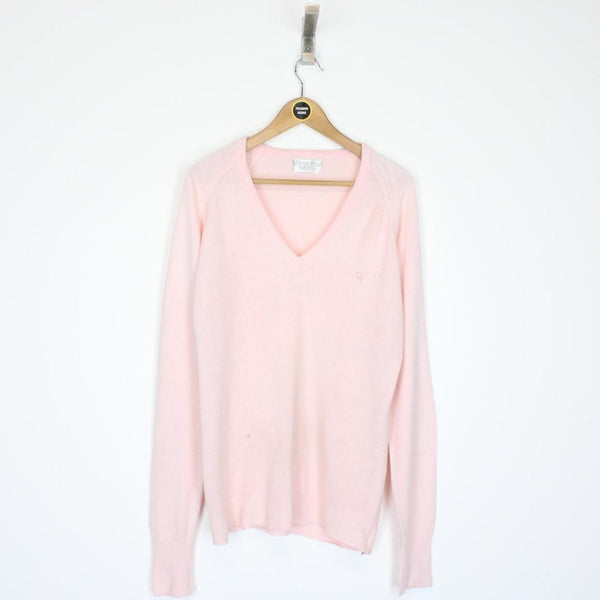 Vintage 90s Christian Dior Pink Orlon Arcylic Knit V-Neck Jumper