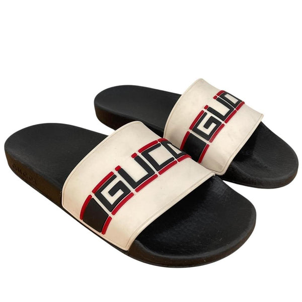 Gucci Ecru Black and Beige Logo Slides