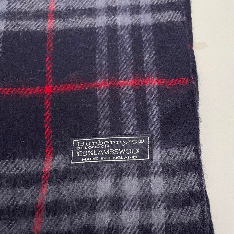 Vintage 90s Burberry Navy Blue Nova Check Lambswool Scarf