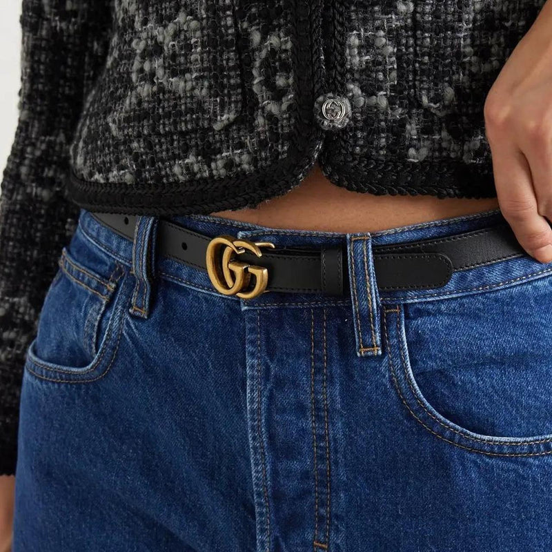 Gucci Black and Antique Brass Marmont Thin Leather Belt with GG Buckle