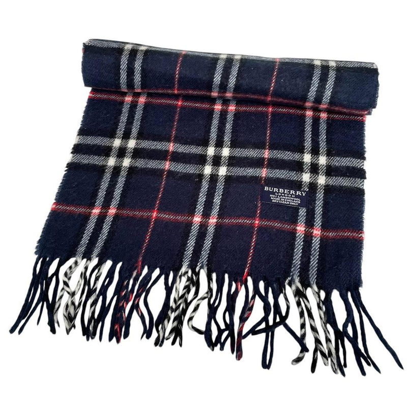 Vintage 90s Burberry Navy Blue Nova Check Lambswool Scarf