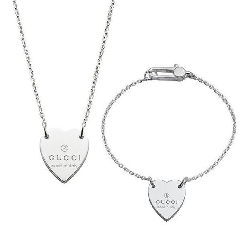 Gucci Trademark Heart Pendant Sterling Silver Necklace and Bracelet