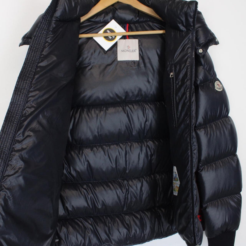 Moncler Lunetiere Navy Blue and Red Full Zip Hooded Down Jacket