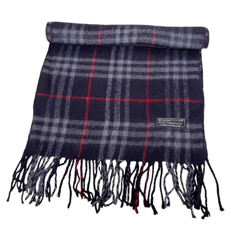 Vintage 90s Burberry Navy Blue Nova Check Lambswool Scarf