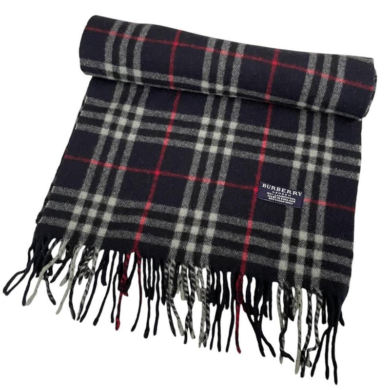 Vintage 90s Burberry Navy Blue Nova Check Lambswool Scarf