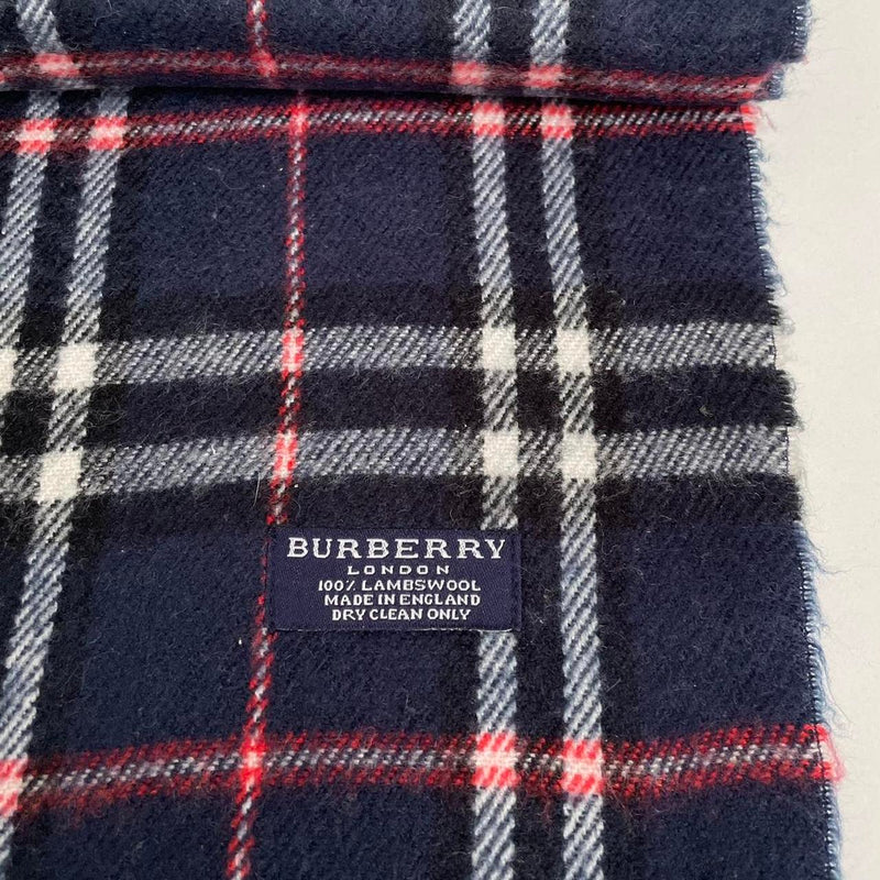 Vintage 90s Burberry Navy Blue Nova Check Lambswool Scarf