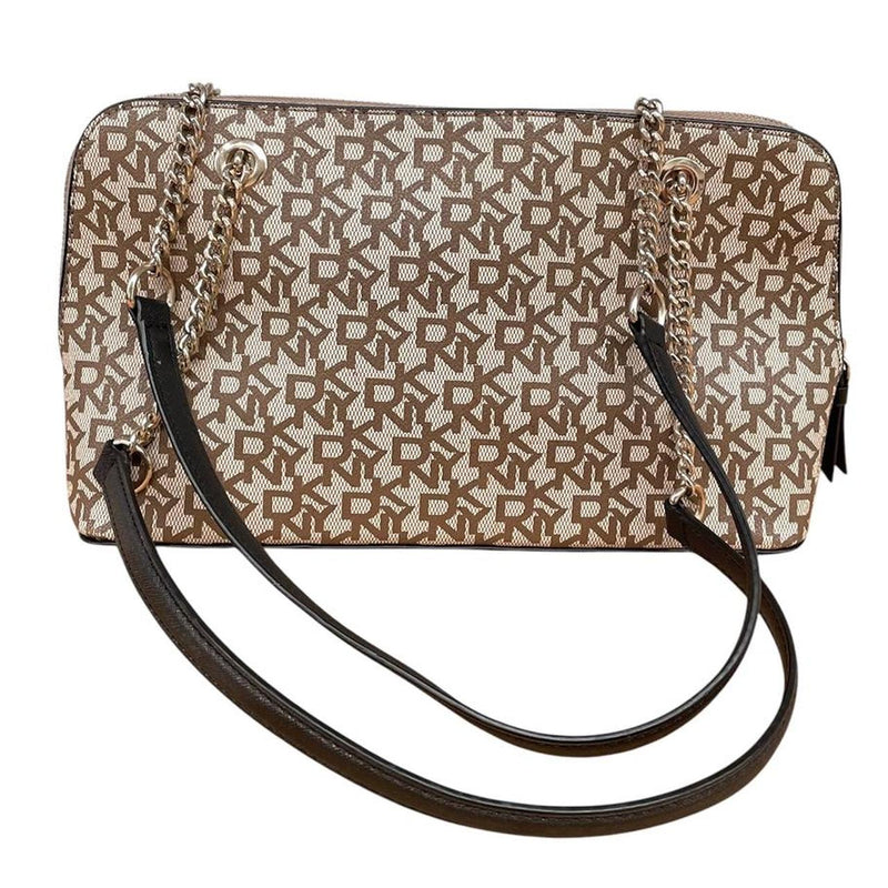 DKNY Bryant Monogram Beige and Brown Top Zip Satchel Bag