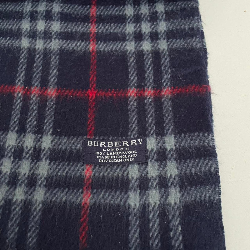 Vintage 90s Burberry Navy Blue Nova Check Lambswool Scarf