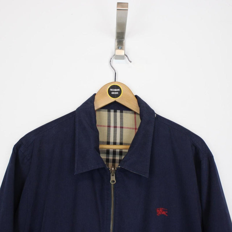 Burberry Tan Brown and Navy Blue Reversible Nova Check Harrington Jacket