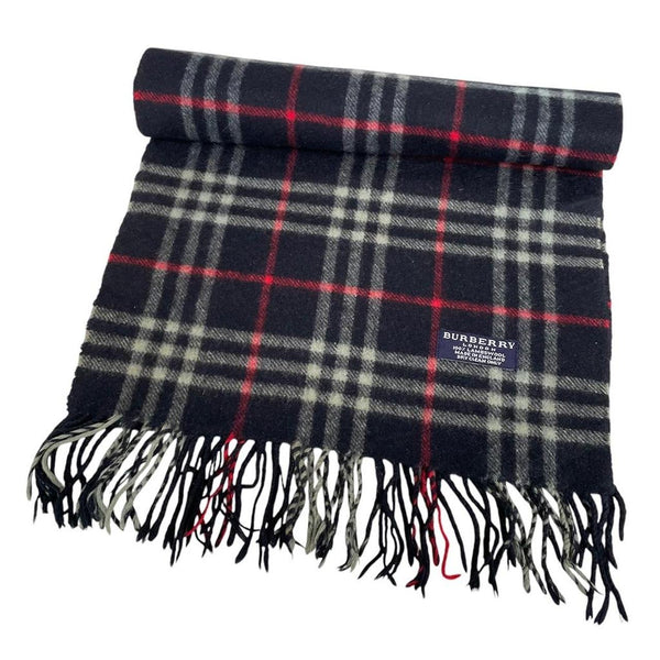 Vintage 90s Burberry Navy Blue Nova Check Lambswool Scarf