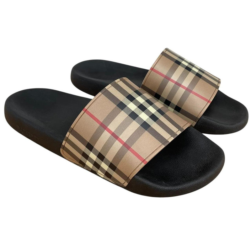 Burberry Tan Brown and Black Nova Check Furley Slides