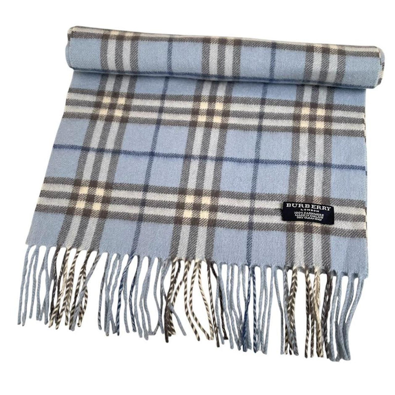 Vintage 90s Burberry Light Blue Nova Check Cashmere Scarf