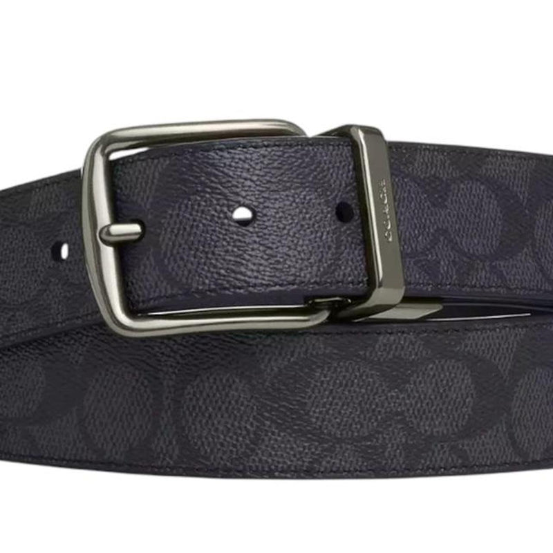 Coach Black and Grey Signature Harness Buckle Reversible Leather Belt