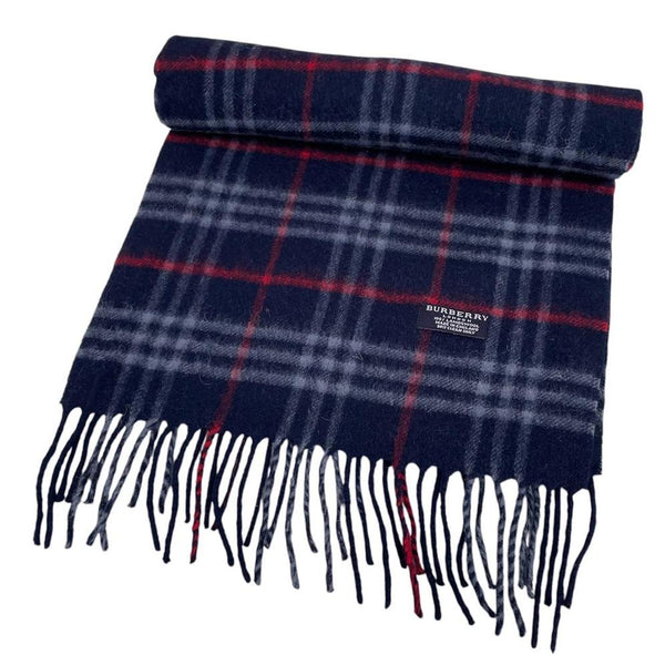 Vintage 90s Burberry Navy Blue Nova Check Lambswool Scarf