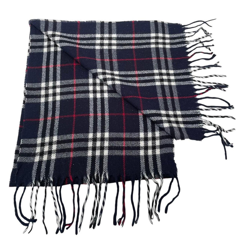 Vintage 90s Burberry Navy Blue Nova Check Lambswool Scarf