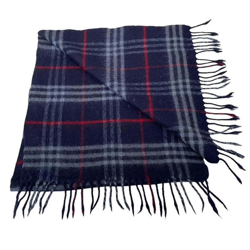 Vintage 90s Burberry Navy Blue Nova Check Lambswool Scarf