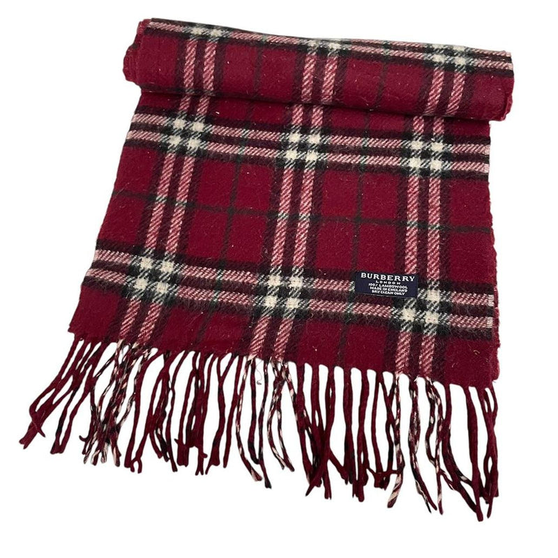 Vintage 90s Burberry Burgundy Nova Check Lambswool Scarf