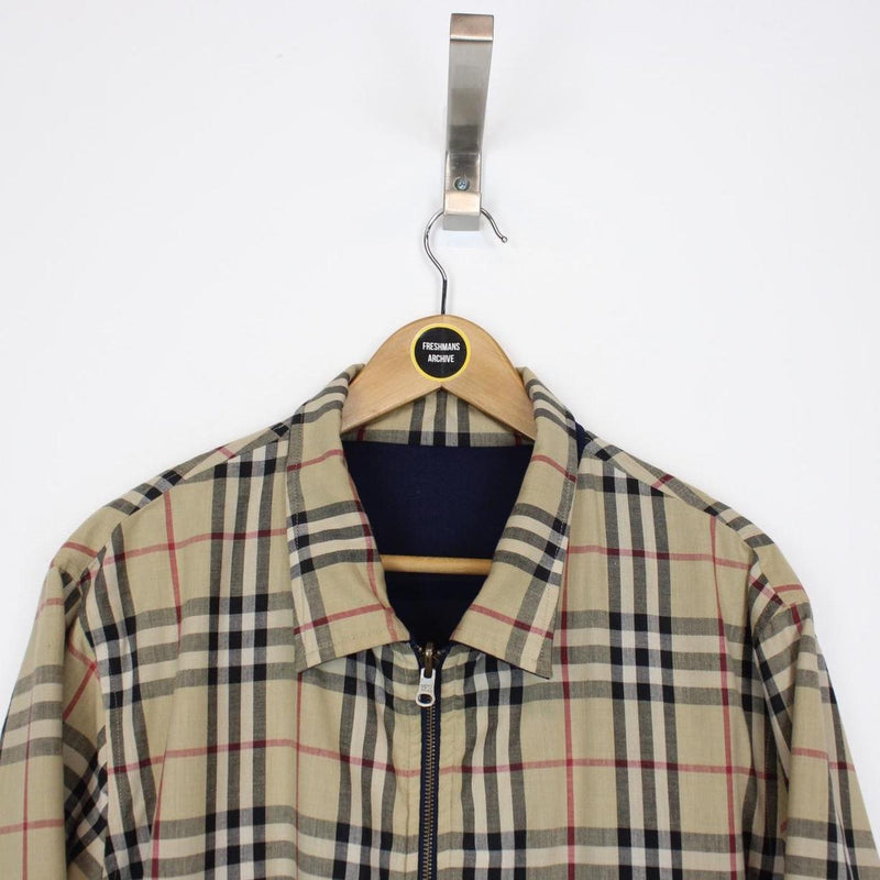 Burberry Tan Brown and Navy Blue Reversible Nova Check Harrington Jacket