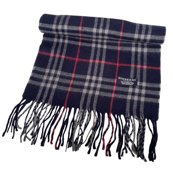 Vintage 90s Burberry Navy Blue Nova Check Lambswool Scarf