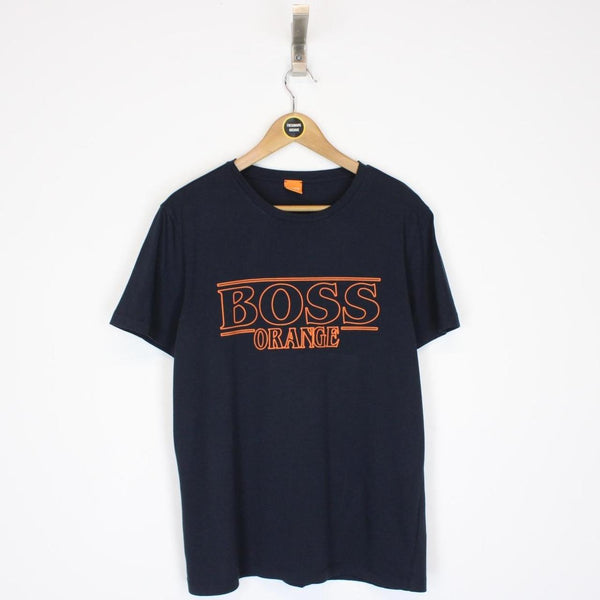 Hugo Boss Navy Blue and Orange Short Sleeve Logo Cotton T-Shirt