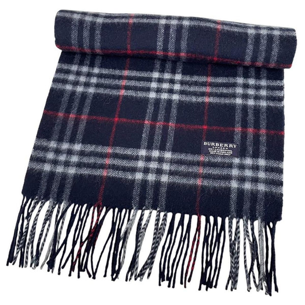 Vintage 90s Burberry Navy Blue Nova Check Lambswool Scarf